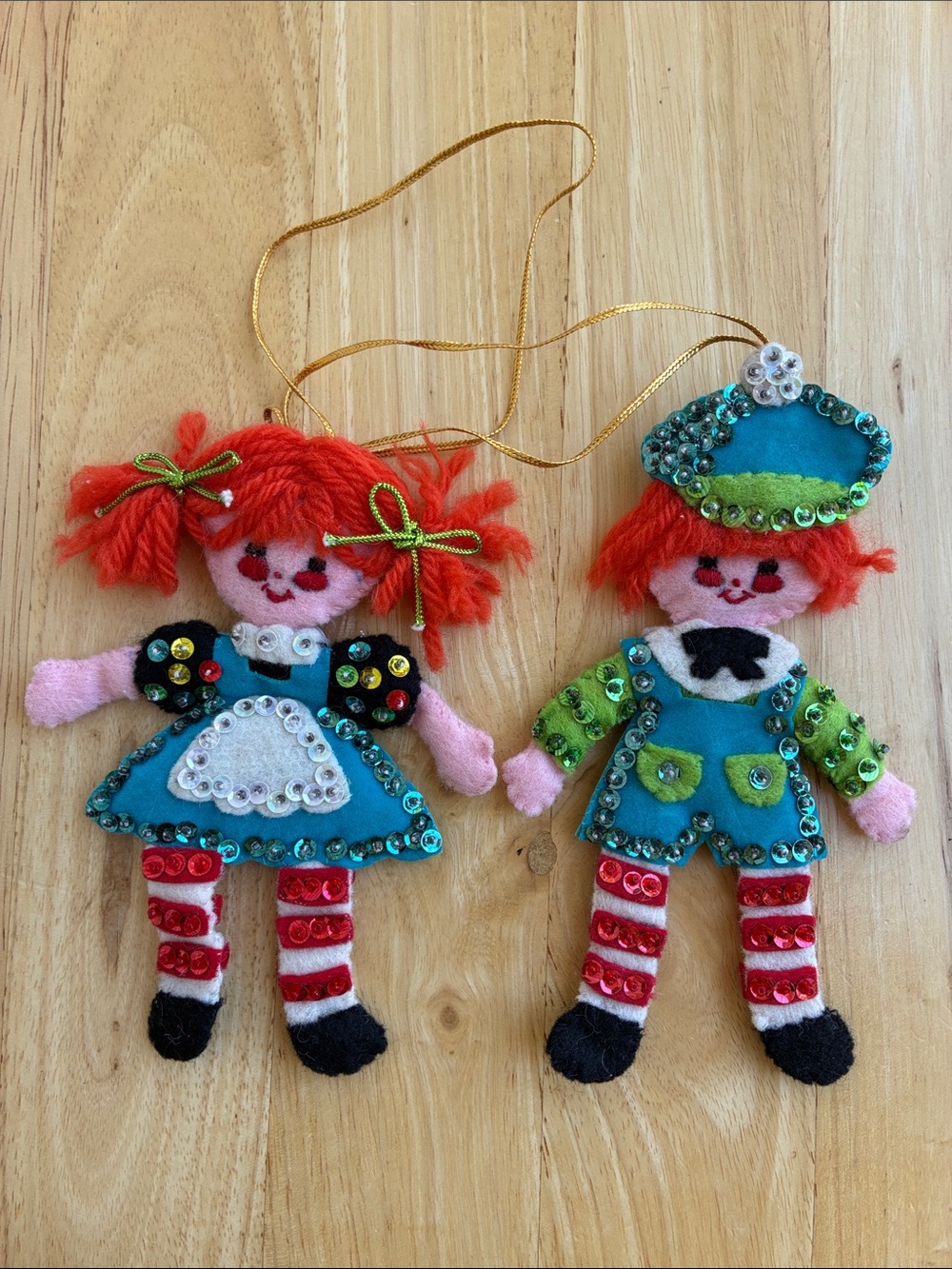 Vintage Handmade orange -Haired Girl & Boy Felt Ornament Set